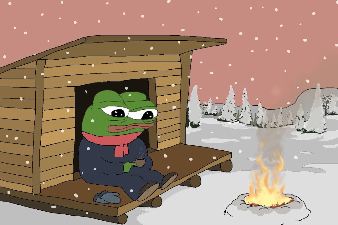 Winter Cabin Pepe Bonfire - Pepe The Frog